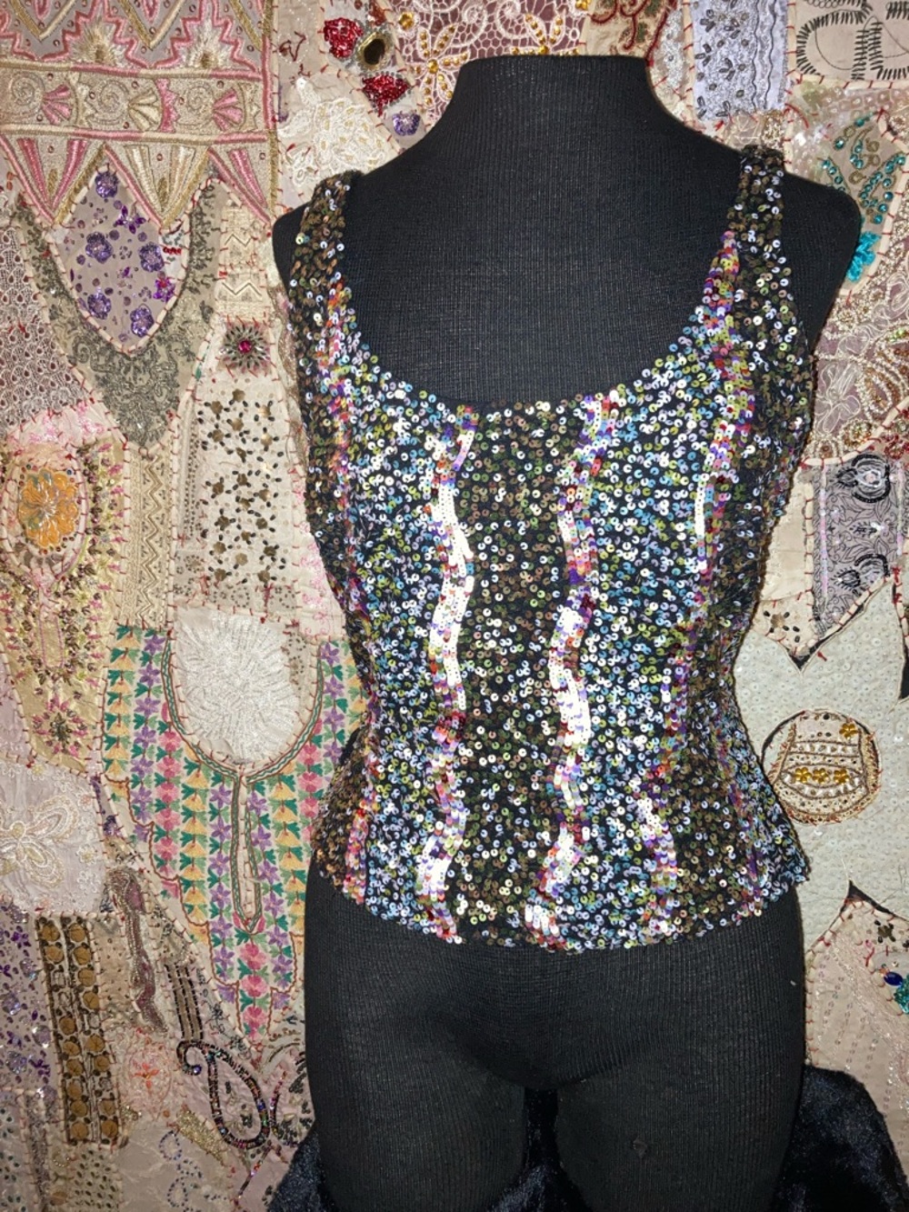 Women's Black Sequin Tank Top with Iridescent Accents